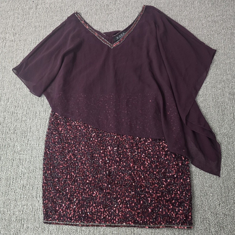 JKARA Petite 16P Burgundy Sequin Cape Overlay Dress Formal Evening Party‎